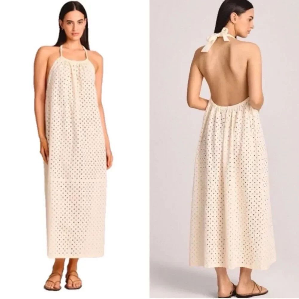 NWOT Vitamin A Off White Halter Top Maxi Cover Up Cotton Eyelet Swim Dress L